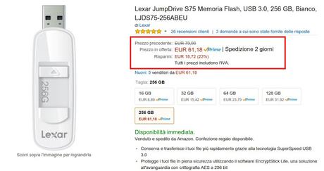 Pendrive 256 GB in offerta a 61 euro su Amazon
