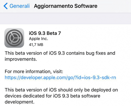 Apple rilascia agli sviluppatori iOS 9.3 beta 7 [Aggiornato x4 le novità e rilascio versione pubblica]