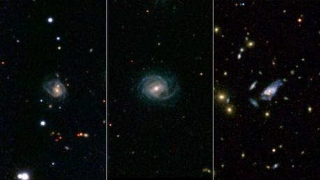 Una composizione di tre immagini raccolte dall’archivio NED. A sinistra: la galassia denominata 2MASX J08542169+0449308, che contiene due nuclei galattici anziché uno. Al centro: 2MASX J16014061+2718161, che pure mostra due nuclei al suo centro. A destra: la galassia gigante SDSS J094700.08+254045.7, che con il suo diametro da 320 mila anni luce è tre volte la nostra Via Lattea. Cliccando sull'immagine è possibile accedere al file ad alta risoluzione. Crediti: SDSS