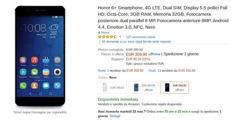 Honor 6 Plus in offerta su Amazon a 309 euro