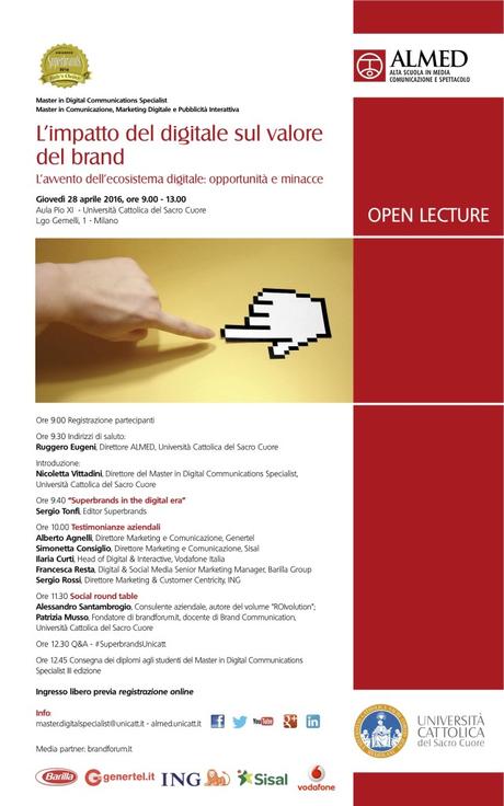 Il 28 Aprile, in ALMED Cattolica, si parla di Ecosistema … insieme a me Università Cattolica Impatto del digitale sul valore di brand - Alessandro Santambrogio