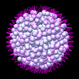 Incontri ravvicinati di tipo mareale Le molle (qui rappresentate di colore rosa) collegano tra loro la crosta esterna e le particelle interne, mostrate come sfere. Crediti: Quillen et al. 2016, Icarus