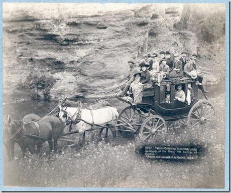 Title: Tallyho Coaching. Sioux City party Coaching at the Great Hot Springs of Dakota
Horse-drawn stagecoach carrying by formally dressed women, children, and men. 1889.
Repository: Library of Congress Prints and Photographs Division Washington, D.C. 20540