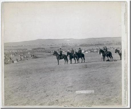 Title: General Miles and staff
Six military men on horseback on a hill overlooking a large encampment of tipis. 1891.
Repository: Library of Congress Prints and Photographs Division Washington, D.C. 20540