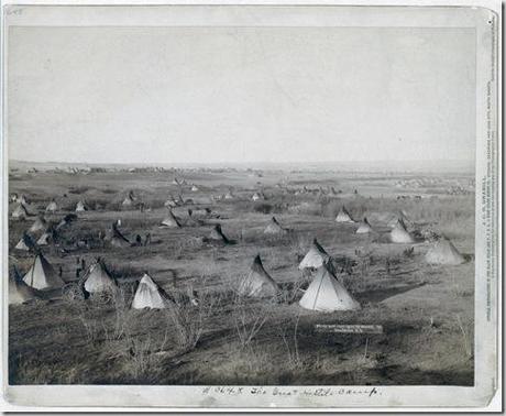 Title: The Great Hostile Camp
Bird's-eye view of a Lakota camp (several tipis and wagons in large field)--probably on or near Pine Ridge Reservation. 1891.
Repository: Library of Congress Prints and Photographs Division Washington, D.C. 20540