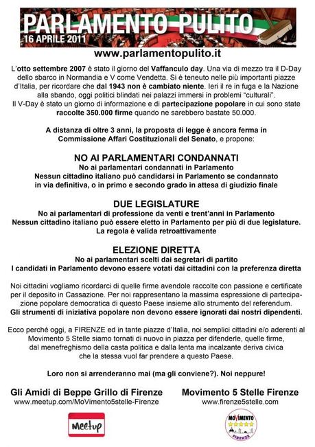 Parlamento pulito day: spazziamoli via ! A Firenze stand, social happening, diretta da Roma