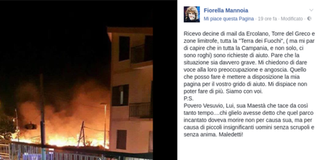 Fiorella Mannoia: “Povero Vesuvio. Ucciso da uomini senz’anima: maledetti!” Fiorella Mannoia: “Povero Vesuvio. Ucciso da uomini senz’anima: maledetti!”
