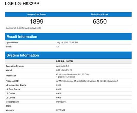 LG V30: le specifiche su Geekbench LG V30