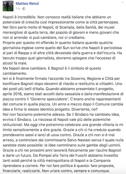 Renzi difende Napoli: “Pericolosa? È una città incredibile, sono offeso dal Sun” Renzi difende Napoli: “Pericolosa? È una città incredibile, sono offeso dal Sun”