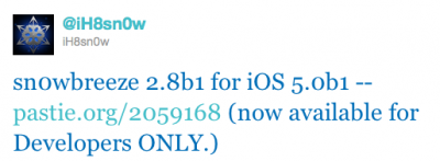 snowbreeze jailbreak for ios5 snowbreezeios5 400x147 Jailbreak iOS 5 Beta con RedSn0w 0.9.8b1 e Sn0wbreeze 2.8b1