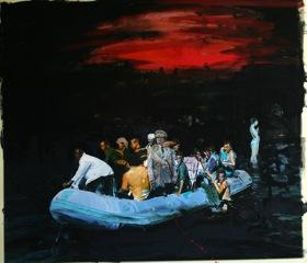 gommone con gheddafi_olio e collagesucartone_cm90x100_2004 La Milanesiana è tornata! Giovanni Iudice – Clandestini