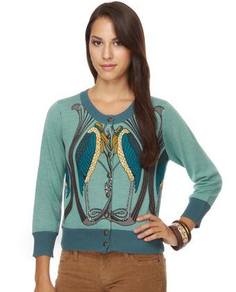 Knitted Dove Birds of a Feather Print Blue Sweater  