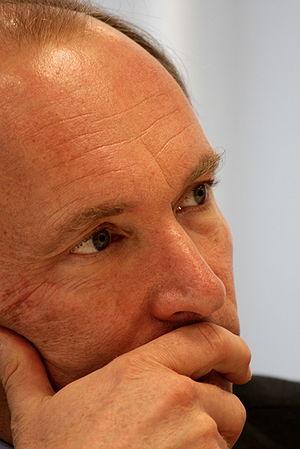 Closeup of a thoughtful Tim Berners-Lee at the...