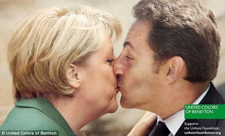 Mocked-up: Germany's chancellor Angela Merkel in a clinch with French president Nicolas Sarkozy 