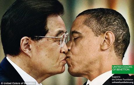 Combating hatred: Benetton hope the controversial images will help create tolerance around the world. This picture shows China's leader Hu Jintao and Barack Obama