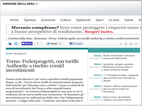 Tariffe Authority Energia: Federprogetti a rischio 10mld investimenti (Corriere.it)