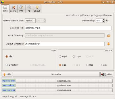 Gnormalize convertitore audio, encoder, ripper, con editor per i metadati (tag), redattore e lettore di audio cd incorporato. Gnormalize convertitore audio, encoder, ripper, con editor per i metadati (tag), redattore e lettore di audio cd incorporato.