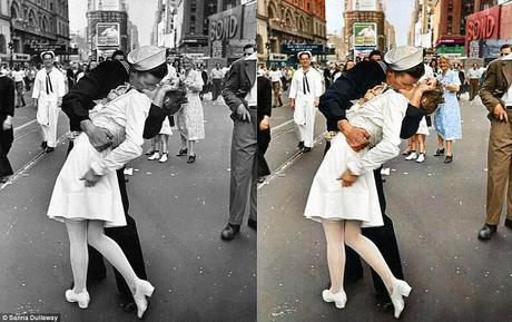 Party time: A sailor kisses a nurse in Times Square, New York City in a shot that went on to become one of the most famous celebration shots from VJ Day (Original picture by by Alfred Eisenstaedt, August 14, 1945)