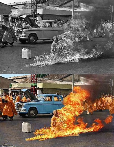 Disturbing: The flames are all the more real in Dallaway's colour version of 'The Burning Monk' who was protesting against the Vietnamese President's pro-Catholic doctine (Original picture by Malcolm Browne, 1968)