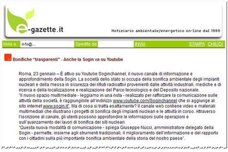 E-gazette, Bonifiche trasparenti, Sogin guidata da Giuseppe Nucci sbarca su Youtube