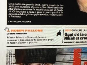 Anteprima Gazzetta dello Sport:ecco il titolo dedicato al Napoli,all’interno rompipallone di Gene Gnocchi dedicato a Maradona!
