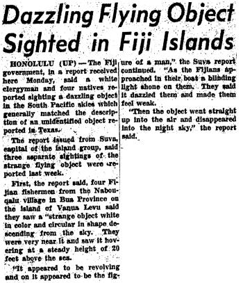 Articolo dell' avvistamento ufo tra Viti Levu e Beqa negli anni 50