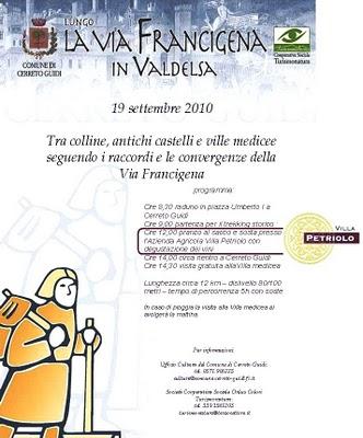 Un bicchiere di vino lungo la Via Francigena in Valdelsa. Domenica 19 settembre, a Villa Petriolo