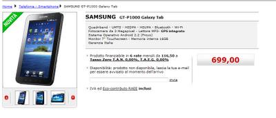 Samsung Galaxy Tab 16 GB a 699 euro da Mediaworld