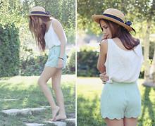 Mint Green Shorts From Herej.Com, Thrifted White Tank Top, Thrifted Straw Hat With A Big Bow