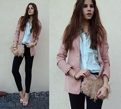 Feather Clutch, Necklace, Mint Pastel Shirt, Pink Pastel Blazer, Michael Kors Watch, Eagle Claw Bracelet, Peep Toe Pumps