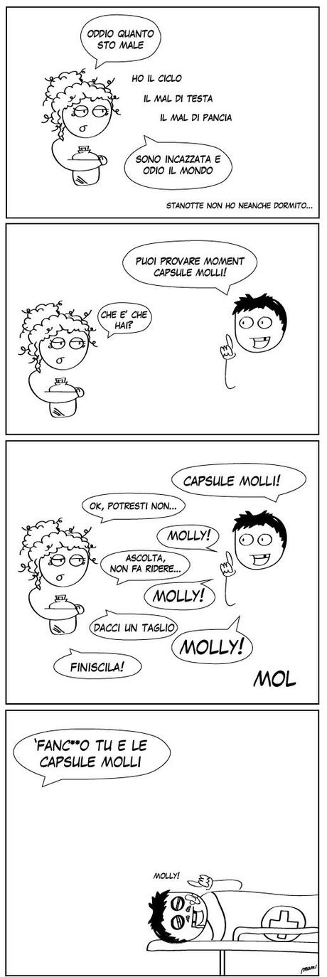 Fumetto sul mal di pancia e mal di testa da ciclo e le moment capsule molli/molly