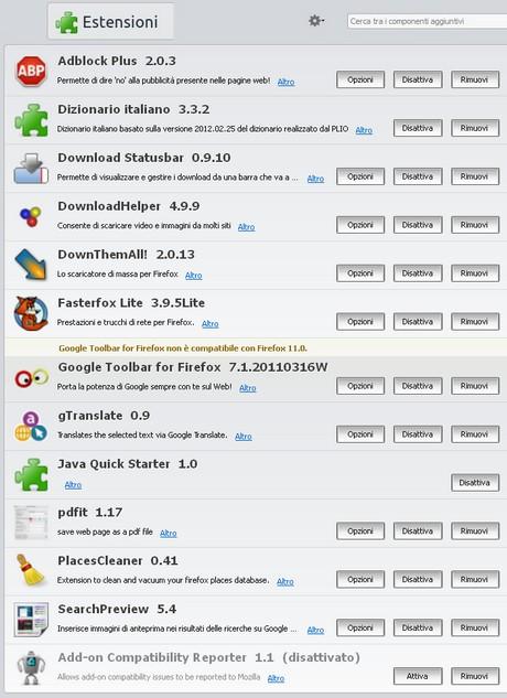 Firefox 11.x KIT Plus - Elenco estensioni installate