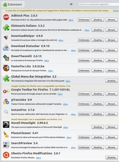 Firefox 11 KIT Plus - Elenco estensioni installate