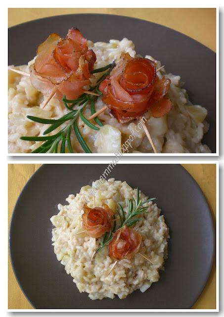 Risotto al Calvados con mela verde e rose di speck