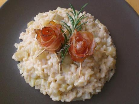 Risotto al Calvados con mela verde e rose di speck