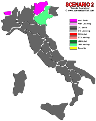 Sondaggio GPG Marzo: Scenario 2: Coalizione Monti + 27%. Dominio Totale, sfuggono VDA, Veneto e Trentino AA