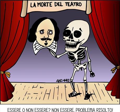 la morte del teatro - Amleto in versione scheletro tiene in mano la testa mozzata di William Shakespeare
