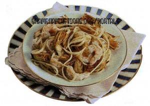 Linguine con gamberetti e carciofi fritti