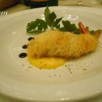 gambero in pasta kadaifi su crema di peperoni