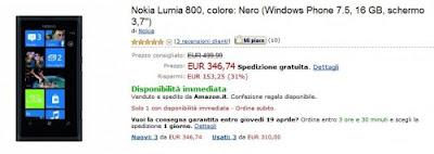 e-commerce Amazon.it si conferma tra i migliori siti sul web per acquistare cellulari: Nokia Lumia 800 al prezzo speciale di 346,74 Euro.