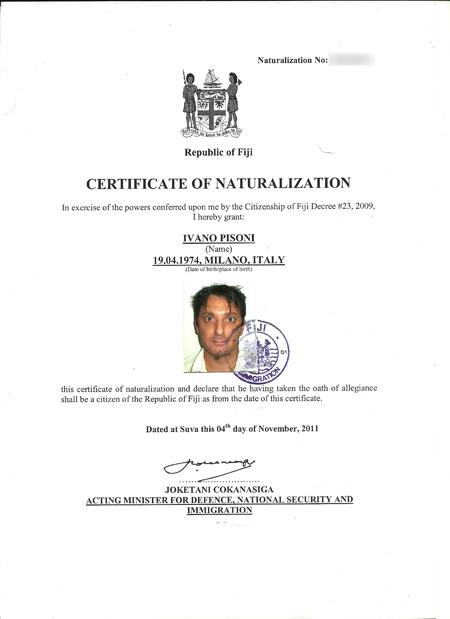 Certificato di cittadinanza (natiralizzazione) Fijiana