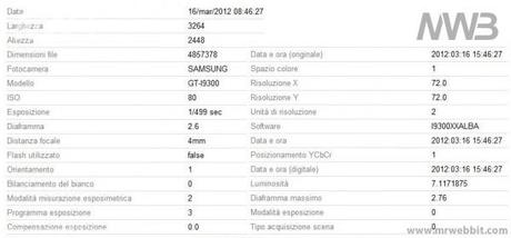 samsung galaxy s3 dati tecnici della fotocamera scheda tecnica