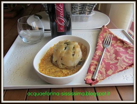 ...timballo di spaghetti con lardo e broccolo siciliano su lenticchie rosse...e collaborazione con Sabadì e Azienda Vitivinicola Marianna...