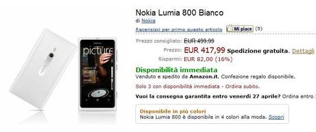 Nokia Lumia 800 White su Amazon.it a 417,99 Euro