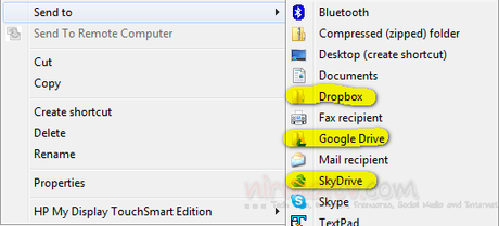 Send To menu Caricare direttamente file su SkyDrive, Dropbox e Google Drive dal menu contestuale di Windows 7