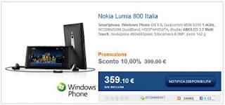 Nokia Lumia 800 a soli 359,10 Euro sul sito Sul sito marcopoloshop.it