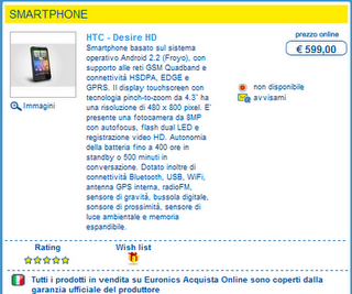 In arrivo ad Euronics HTC Desire e Xperia X8