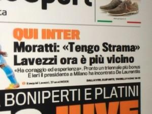 FOTO – ECCO LA PRIMA PAGINA DELLA GAZZETTA DELLO SPORT,TITOLO PER LAVEZZI ALL’INTER