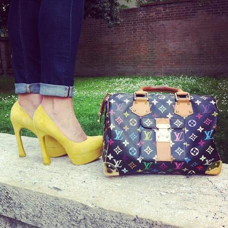 Multicolor Bag & Yellow Heels