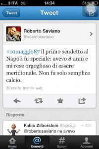 FOTO – Ecco il Twitter di Roberto Saviano che ricorda lo scudetto: “Il primo scudetto del Napoli mi rese orgoglioso di essere..”